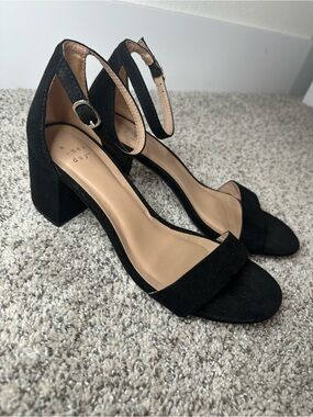 a new day Black Suede Block Heel Ankle Strap Sandals